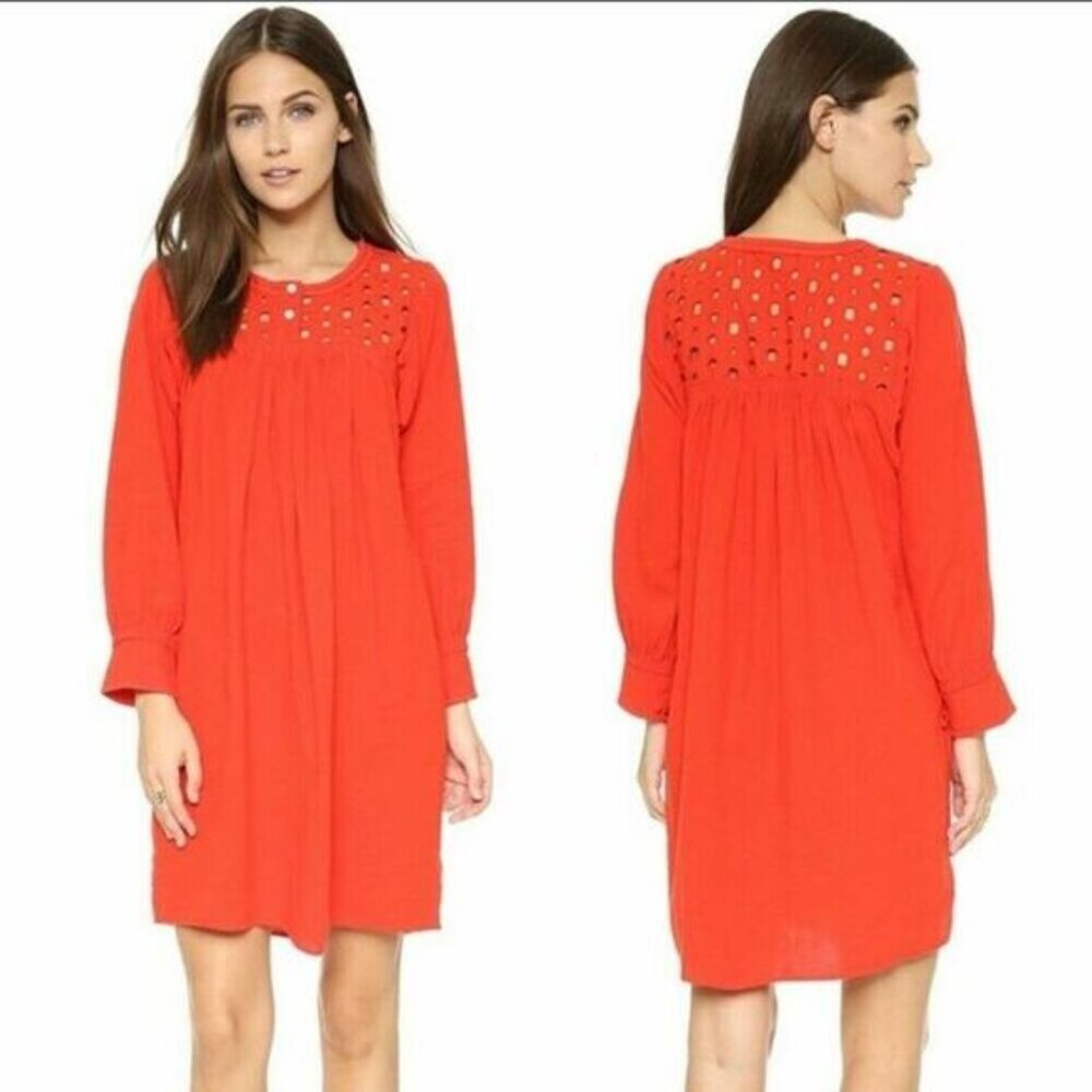 Madewell Daybreak Eyelet Red Linen Blend Casual Long Sleeve Shift Dress Size XXS